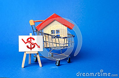 House in a shopping cart and an easel with a red dollar arrow down chart. Fall of real estate market. Cheap rent. Reduced demand Stock Photo