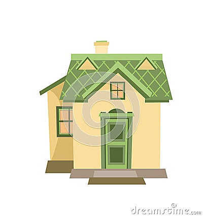 The house is simple cartoon. Cozy small rural dwelling in a traditional European style. Cute yellow home. Isolated on Vector Illustration
