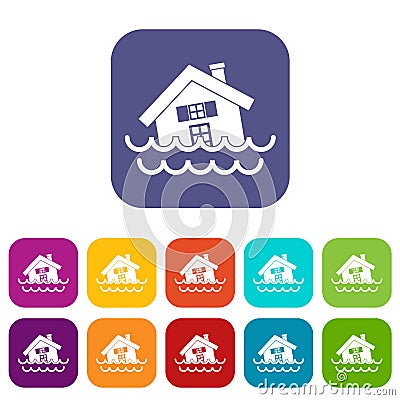 House sinking in a water icons set Vector Illustration