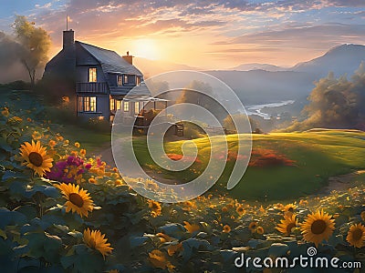 house sitting on top of a lush green hillside, background of flowery hill Stock Photo