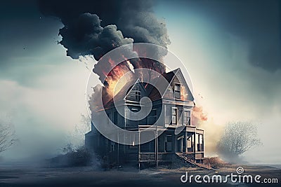 a house, with the smoke from several different fires coming out of the windows Stock Photo