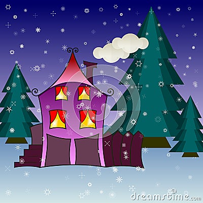 House in snowfall. Christmas greeting card background poster Cartoon Illustration