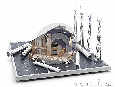 A house on a solar panel, along with windmills and blueprints around. Stock Photo