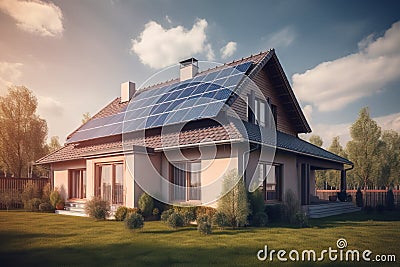 a house with a solar panel on the roof and a green lawn in front of it and a fence around the house and trees on the other side Stock Photo