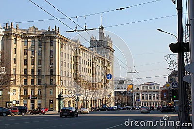 House with a spire on the Square of the Constitution, Kharkov, U Editorial Stock Photo