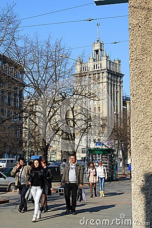 House with a spire on the Square of the Constitution, Kharkov, U Editorial Stock Photo