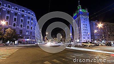 House with a spire on the Square of the Constitution night . Editorial Stock Photo