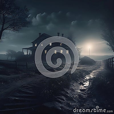 A house with the spooky atmosphere at night Generative AI Stock Photo