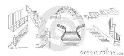 House Stairs Monochrome Outline Icons Set. Wooden, Stone, Marble with Glass Staircase. Vintage Spiral Stairway Vector Illustration