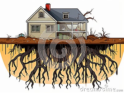 the house stands on the ground, there are tree roots underground Cartoon Illustration