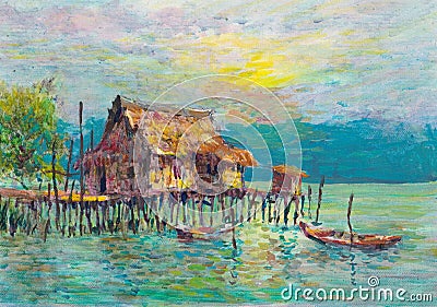 House On Stilts hand painted oil painting Stock Photo