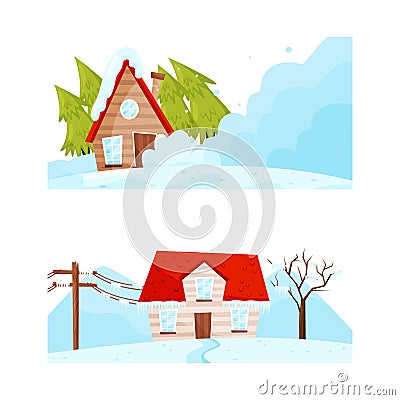 House Suffering from Destructive Weather Condition and Natural Cataclysm with Blizzard and Snowslide Vector Set Vector Illustration