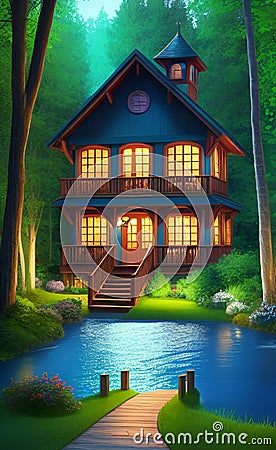 house in the summer magical forest AI Generated Stock Photo