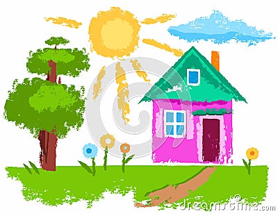 The house and the sun, baby pictures, colored chalk. Vector Illustration