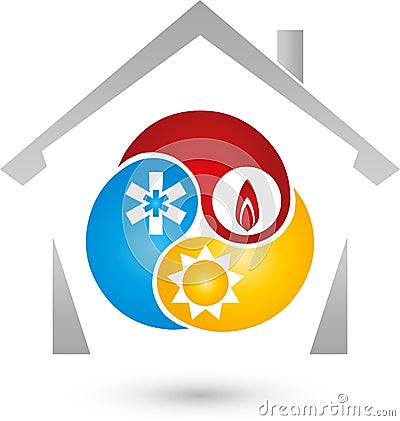 House and sun, snow, fire sign, installer and climate logo Stock Photo