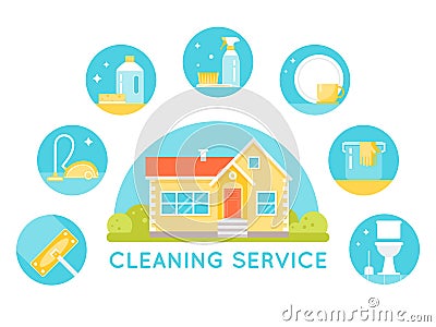 House Surrounded by Cleaning Services Images. Household Cleaning Agents and Tools Round Icons. Vector Illustration