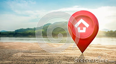 House symbol with location pin icon on empty dry cracked swamp reclamation soil in real estate sale or property investment concept Cartoon Illustration