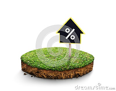 House symbol sign with interest rate sign on round grass and geology cross section with soil on white background Stock Photo