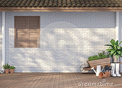 House terrace with garden equipment 3d render Stock Photo