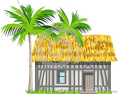 A house with a thatched roof and palm trees Vector Illustration