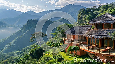 Thatched Roof House Atop Mountain Stock Photo