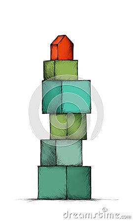House on tower of building blocks Stock Photo