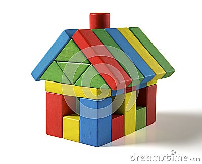 House toy blocks on white background, little wooden home Stock Photo