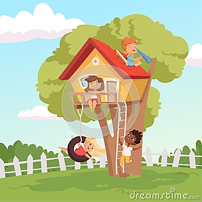 House on tree. Cute children playing in garden nature climbing vector kids background Vector Illustration