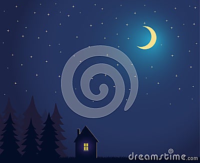 House and tree and night sky with stars and moon Vector Illustration