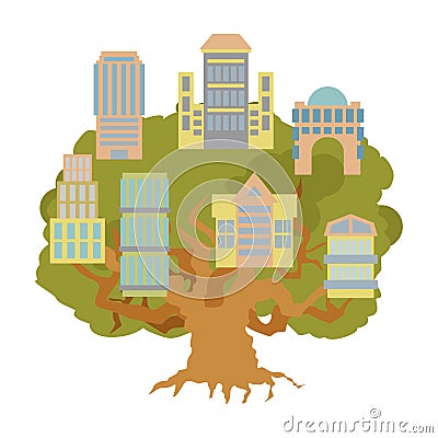 House on tree. Office Buildings on oak. Alligory New residential Vector Illustration
