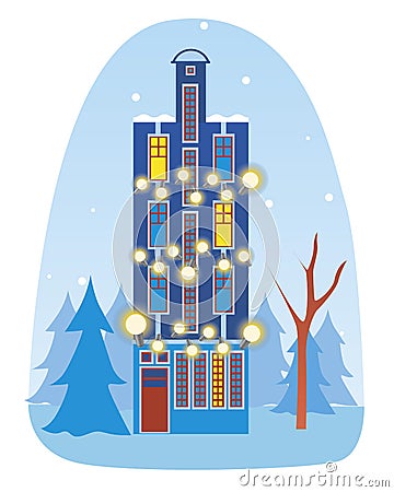 House, trees and garland as a concept of christmas tourism in amsterdam and europe, flat vector stock illustration with Cartoon Illustration