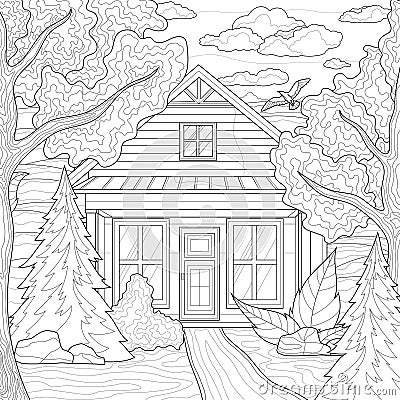 House among the trees. Nature. Coloring antistress for children and adults Stock Photo