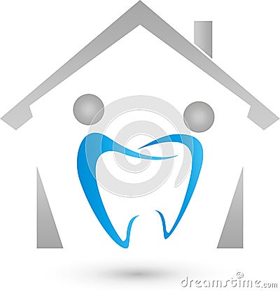 House and two persons as tooth, dentist and family dentist logo Stock Photo