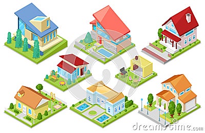 House vector isometric housing architecture or residential home illustration set of housekeeping building exterior or Vector Illustration