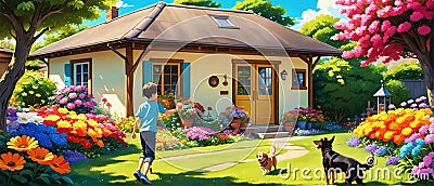 House with Vibrant Garden and Joyful Play Stock Photo