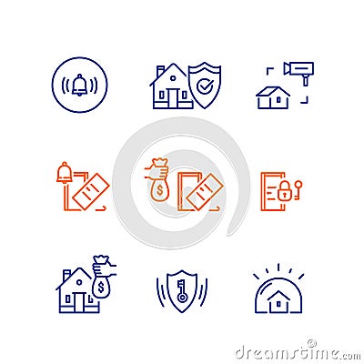 House video camera surveillance, alarm guard system, home security, burglary protection, property break in insurance, stroke icon Vector Illustration