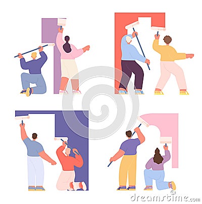 House wall painting. Couple renovation home, man woman paint with roller and brush. People stands backs, professional Vector Illustration
