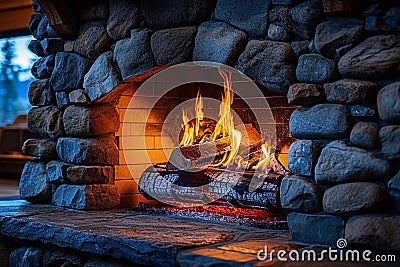 House warmth stone fireplace with a comforting, blazing fire Stock Photo