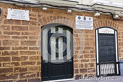 House where born the Spanish composer Manuel de Falla on 23 November 1876, registration indicates in marble indicates Editorial Stock Photo