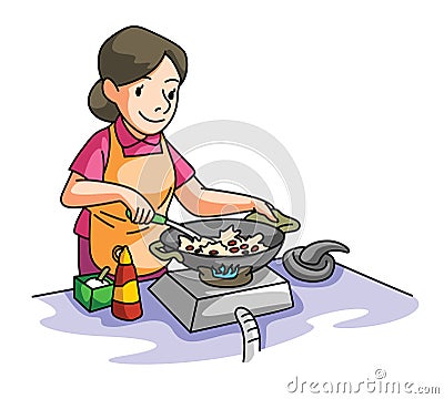 House Wife cooking Vector Illustration