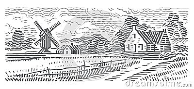 The house and the windmill in rural landscape monochrome line engraving style illustration. Vector Illustration