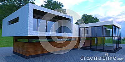 House with wood paneling on the ground floor. Long narrow corner window. Lots of reflective glass. 3d render Stock Photo