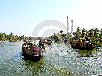 Houseboats in Backwater Canals, Kerala, India Stock Photo