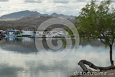 Houseboats docked at Lake Mohave and Spirit Mountain Editorial Stock Photo