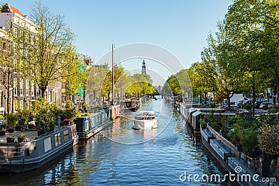 Houseboats on the Dutch Prinsengracht canal in Amsterdam Stock Photo