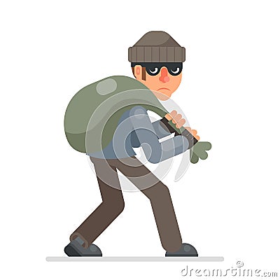 Housebreaker with bag of loot sneak away evil greedily thief cartoon rogue bulgar character flat design isolated vector Vector Illustration