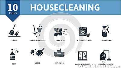 Housecleaning set icon. Editable icons housecleaning theme such as sweep, wipe dust, disinfectant and more. Vector Illustration