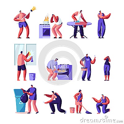 Household Activities , Husband for an Hour Set, Repair Service Joyful Male Characters in Uniform Working with Instruments Fixing Vector Illustration