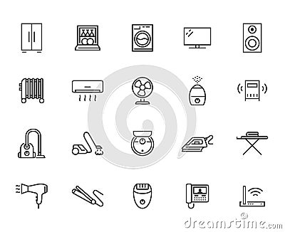 Household appliance line icon set. Washing machine, humidifier robot vacuum cleaner, curling iron minimal vector Vector Illustration