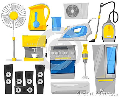 Household appliances electronic vector kitchen homeappliance for house set coffee machine or refrigerator in electric Vector Illustration